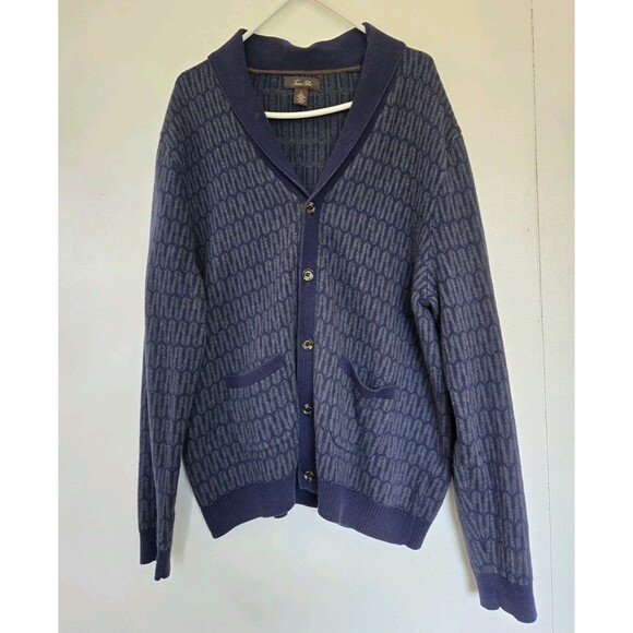 Tasso Elba Other - Vintage Tasso Elba Cardigan Mens L Zig Zag Geometric Grandpa Sweater Pocket Blue